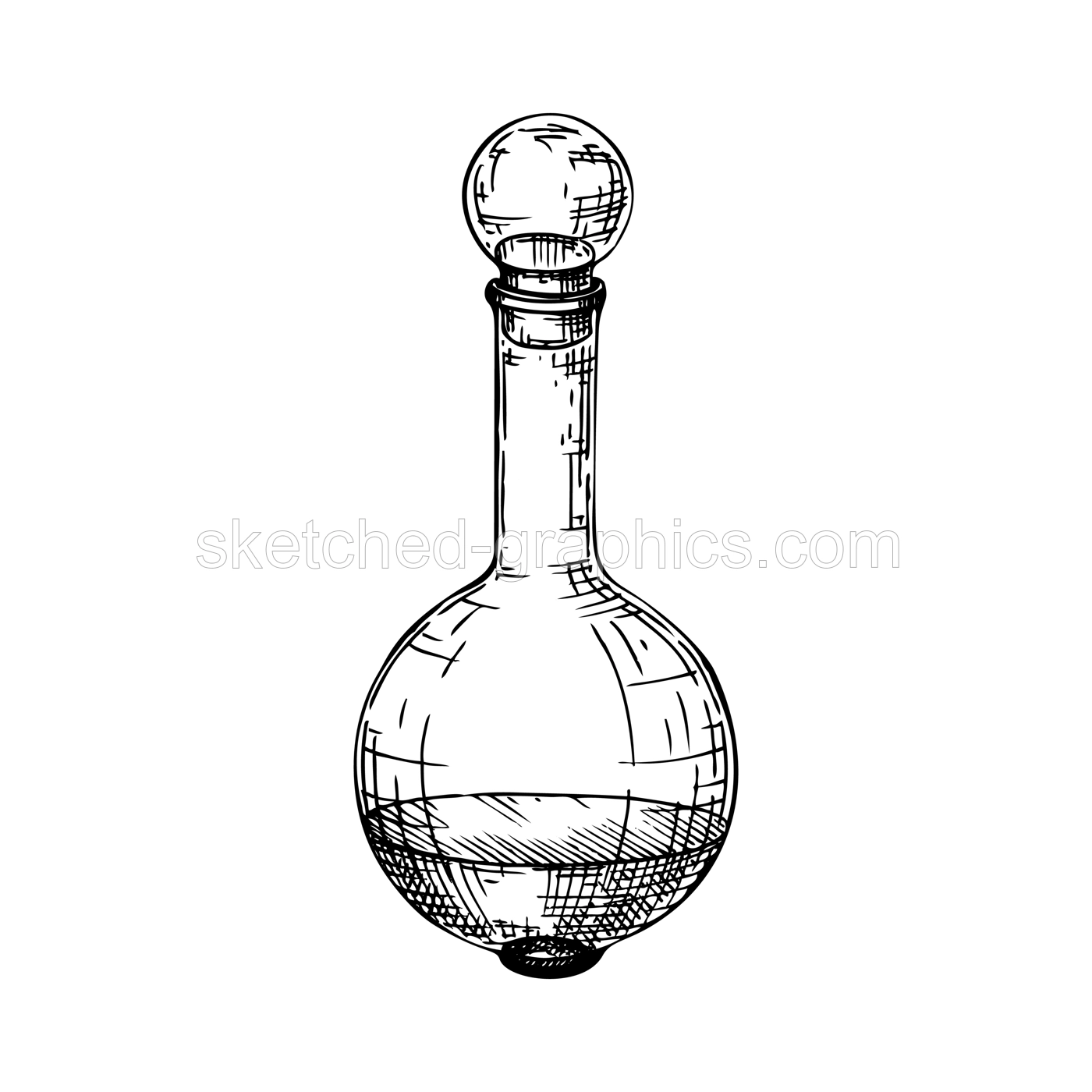 Hand sketched perfume bottle in vintage style. Glassware drawing for alchemy, medicine, cosmetics, or perfumery. Alchemy laboratory equipment sketch. Glass bottle for magic lab isolated on white Illustration